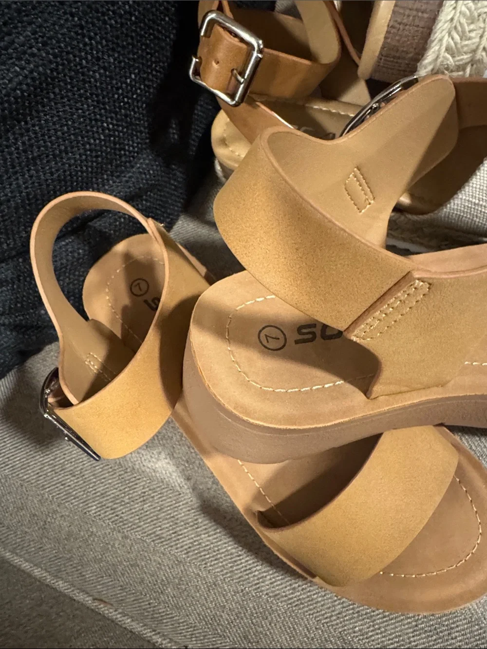 Two pair of Soda Sandals. Tan and Cream Wedge Sandals and Tan Wedge Sandals - Picture 8 of 9
